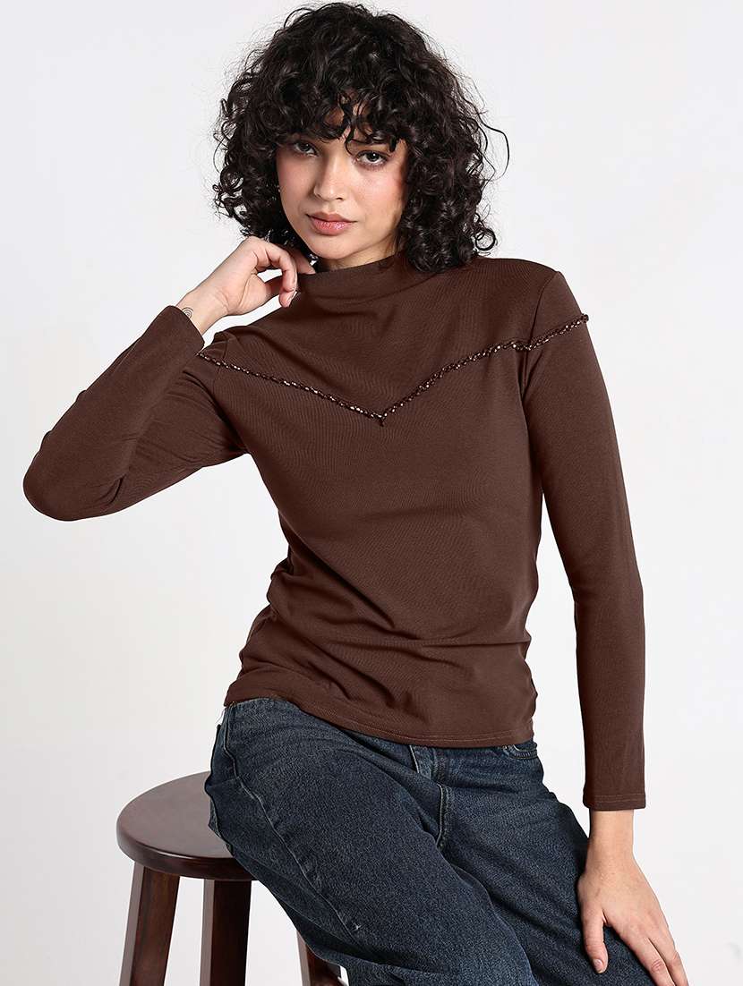 women brown solid long sleeev regular top