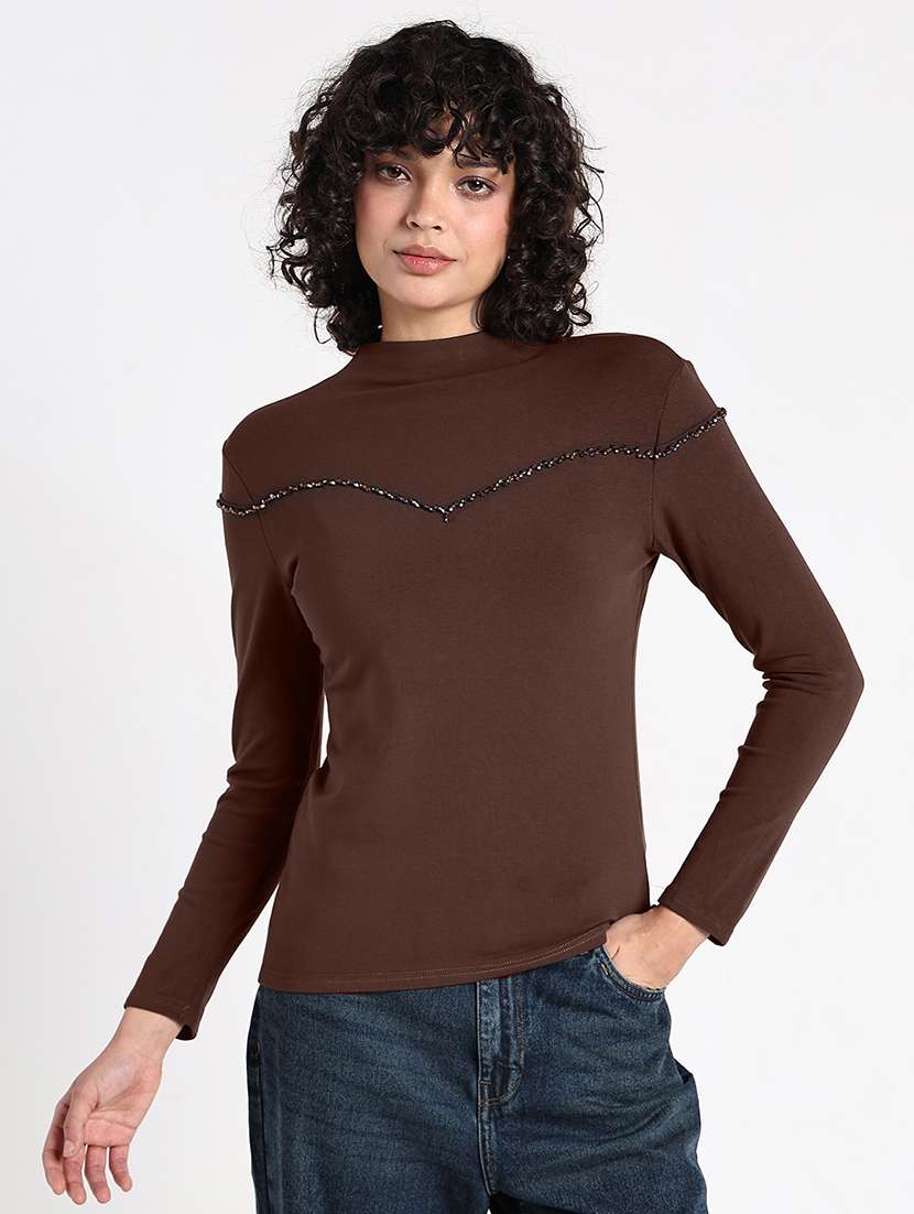 women brown solid long sleeev regular top - 22086367 -  Standard Image - 1