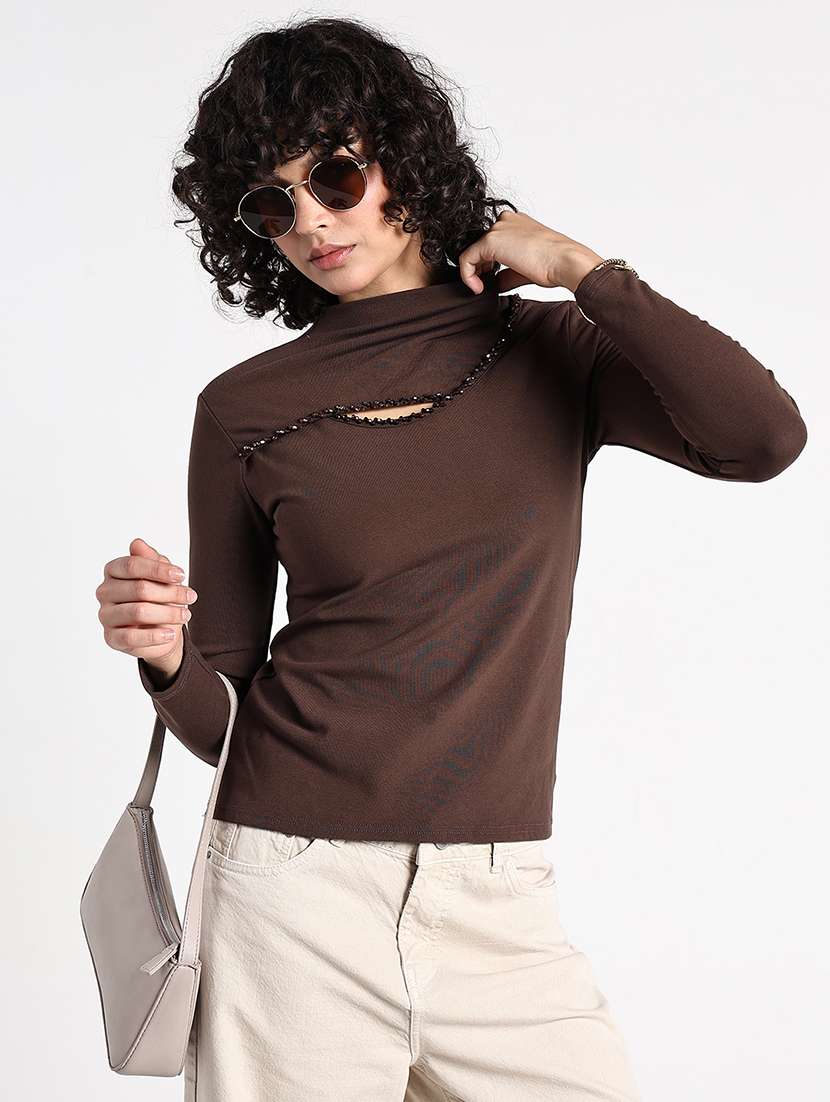 women brown solid mock neck long sleeve top