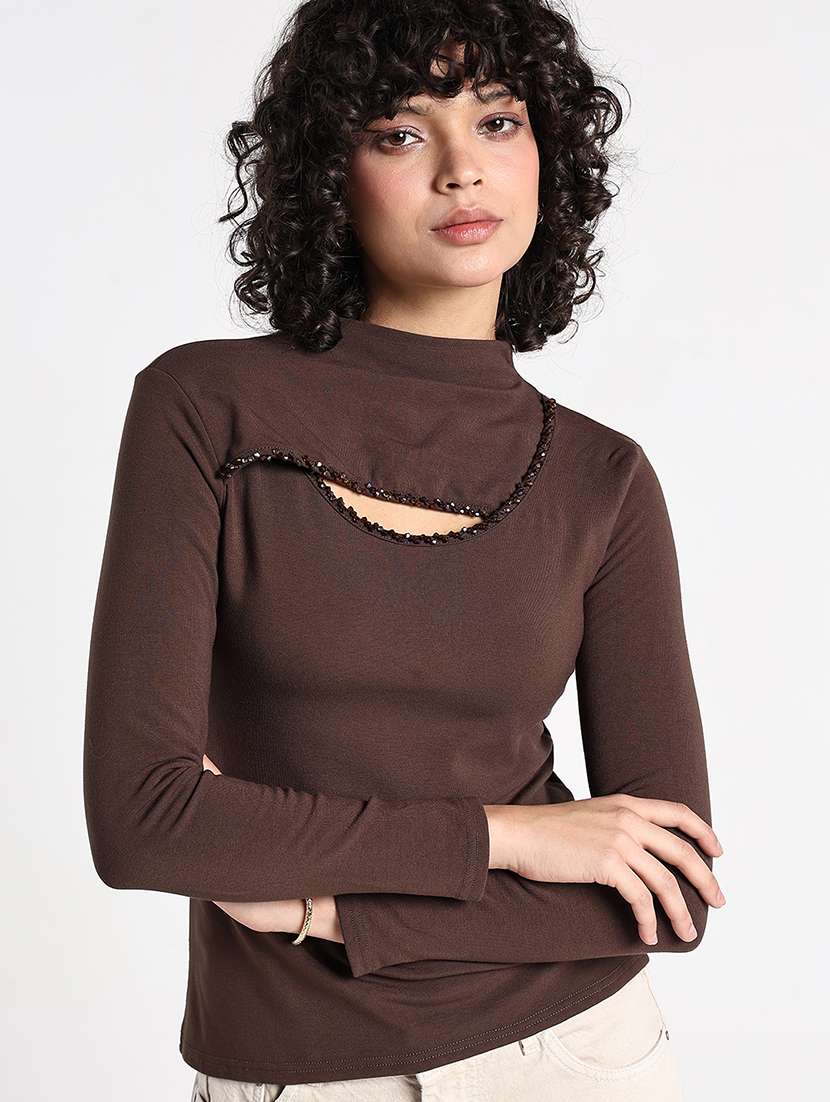 women brown solid mock neck long sleeve top - 22086368 -  Standard Image - 1