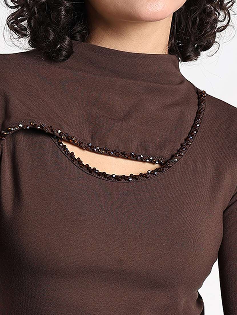 women brown solid mock neck long sleeve top - 22086368 -  Standard Image - 6