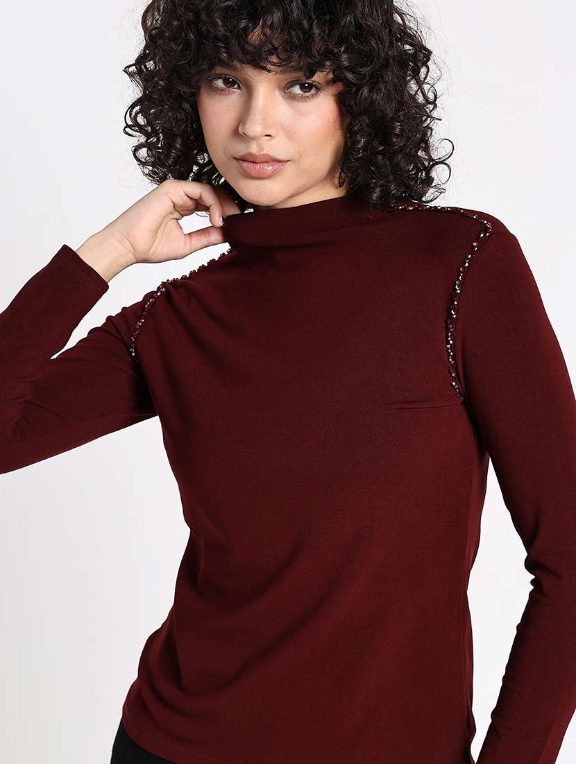 women maroon solid mock neck long sleeve top - 22086369 -  Standard Image - 1