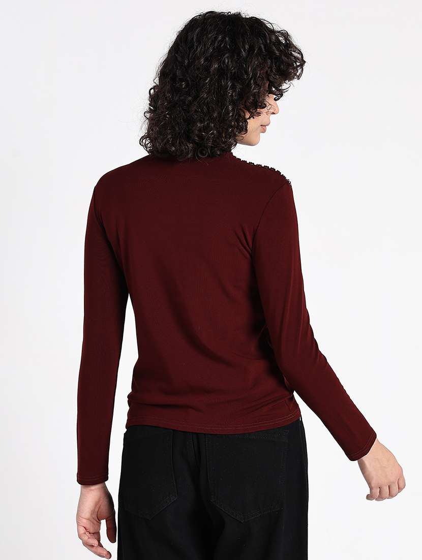 women maroon solid mock neck long sleeve top - 22086369 -  Standard Image - 4