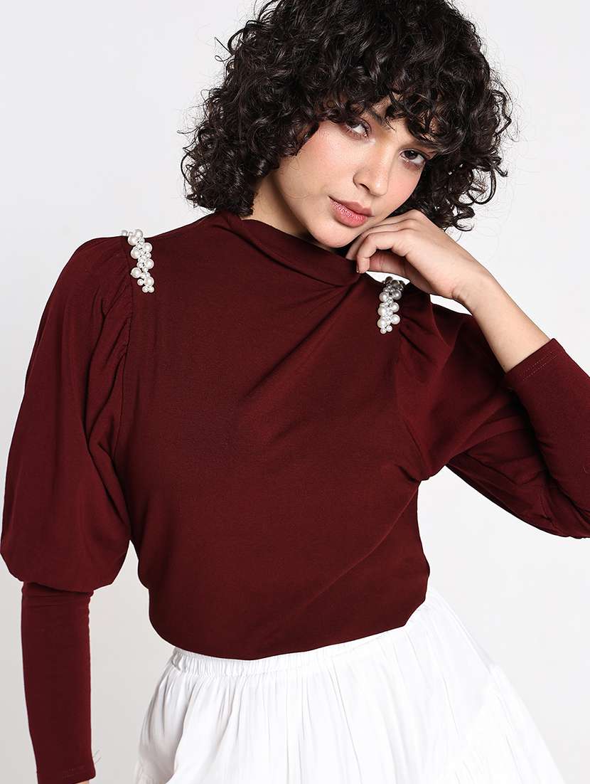 women maroon solid long sleeve crop top - 22086370 -  Standard Image - 1