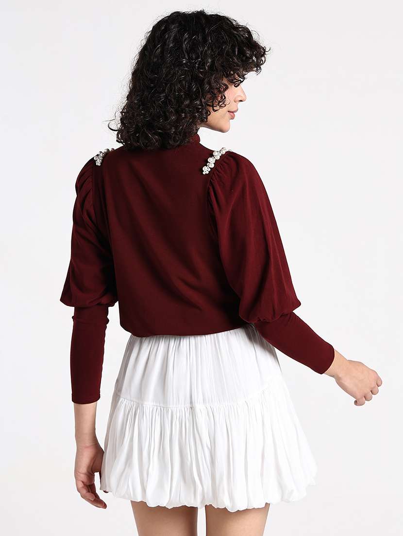 women maroon solid long sleeve crop top - 22086370 -  Standard Image - 4
