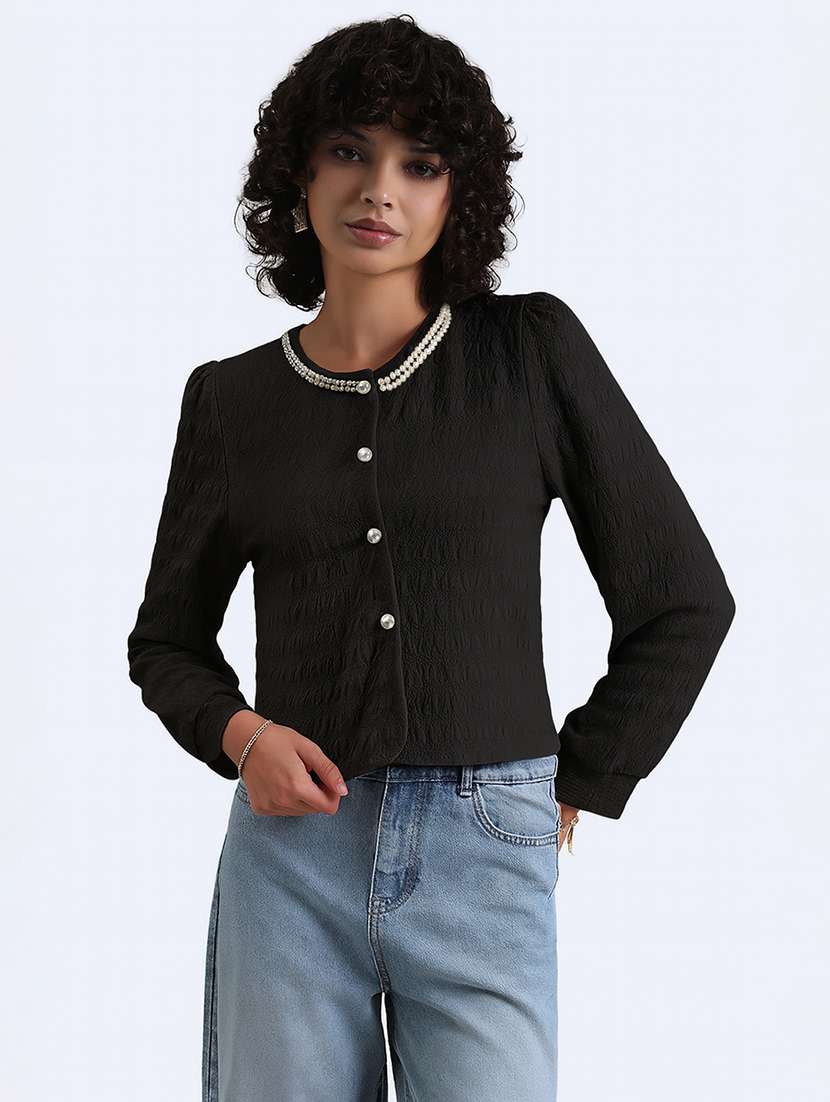 women embellished long sleeev crop top - 22086372 -  Standard Image - 1