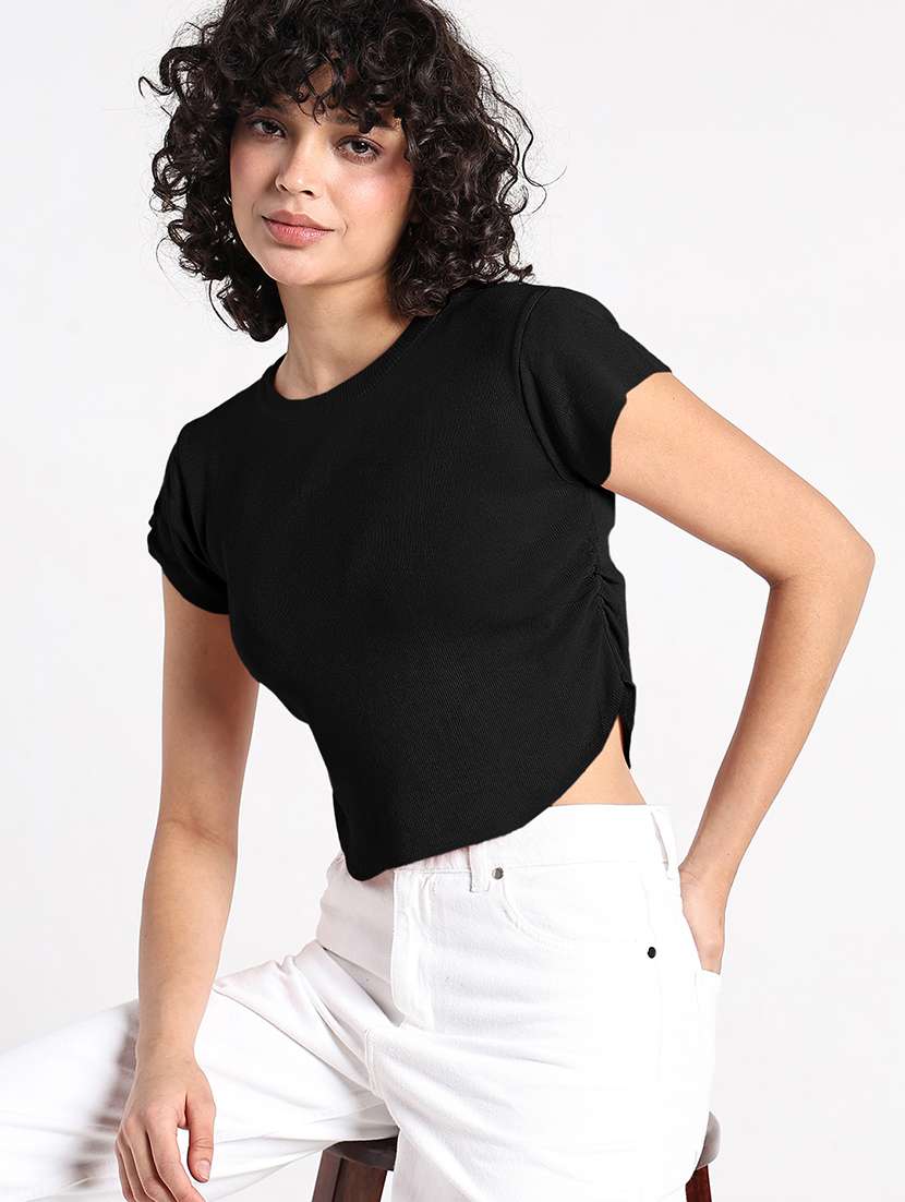 women black solid short sleeve crop top - 22086374 -  Standard Image - 1