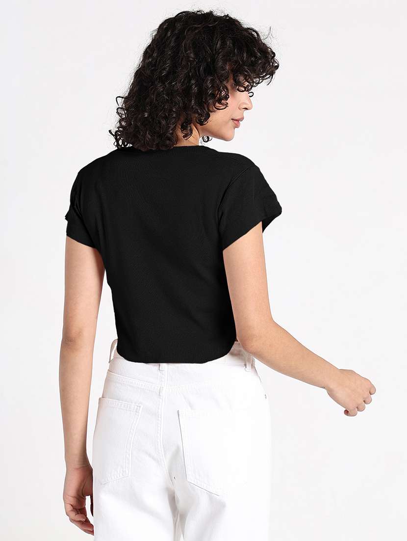 women black solid short sleeve crop top - 22086374 - Standard Image - 4