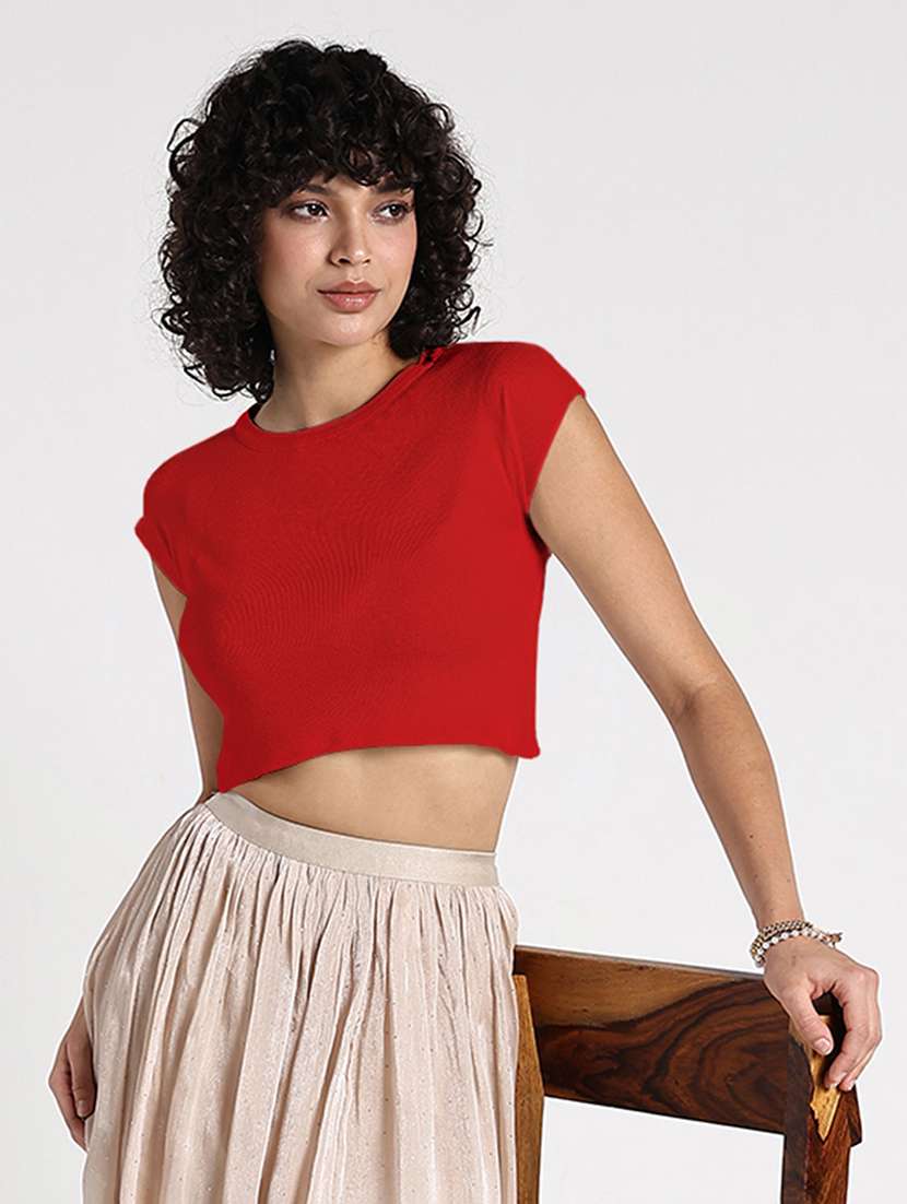 women red solid short sleeve crop top - 22086375 - Zoom Image - 0