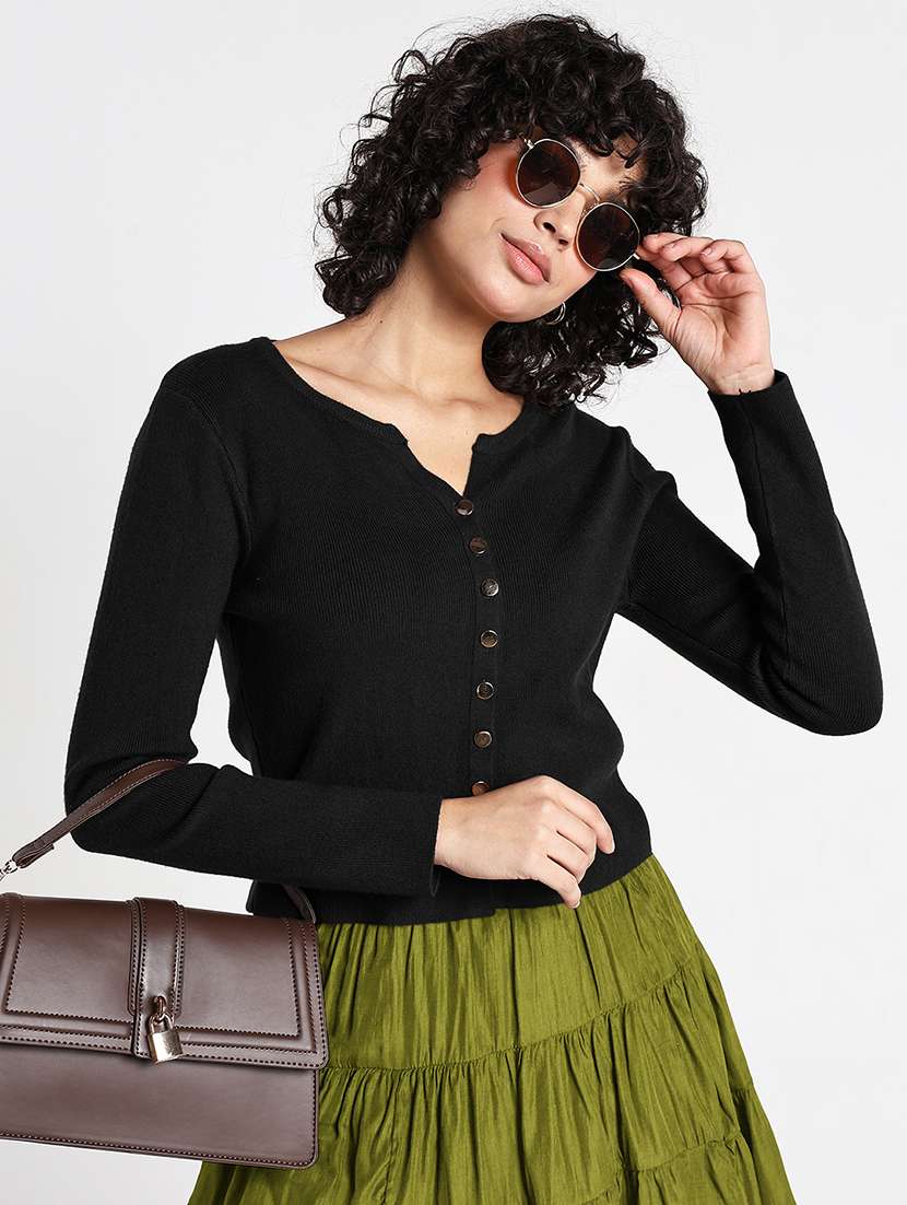 women black solid long sleeve regular top