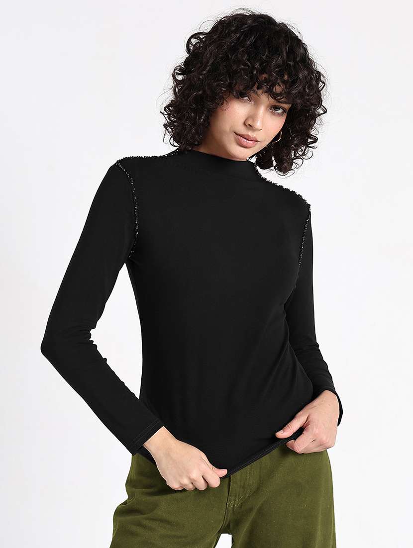 women black solid mock neck long sleeve top - 22086378 - Standard Image - 1