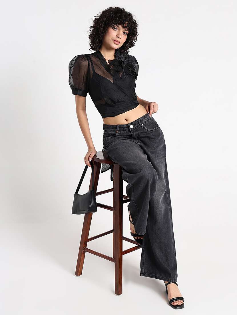 women black solid puff sleeve crop wrap top - 22086379 -  Standard Image - 4