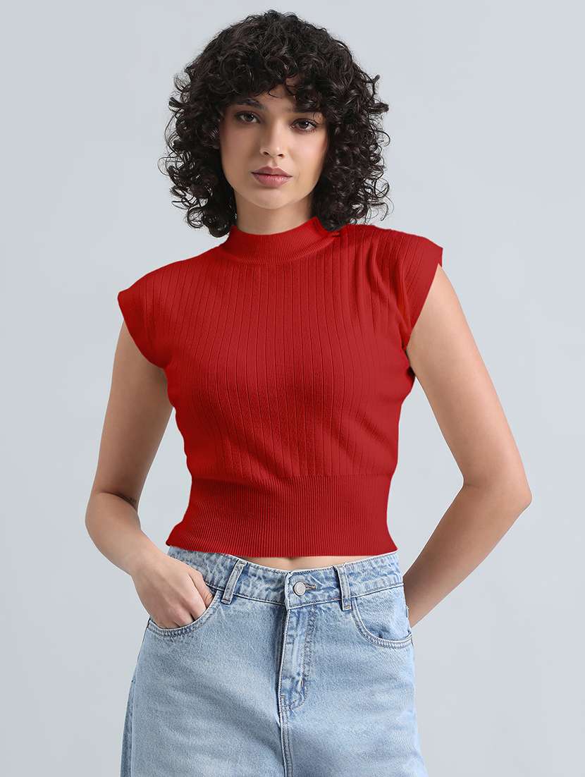 women red solid short sleeve crop top - 22086380 -  Standard Image - 1