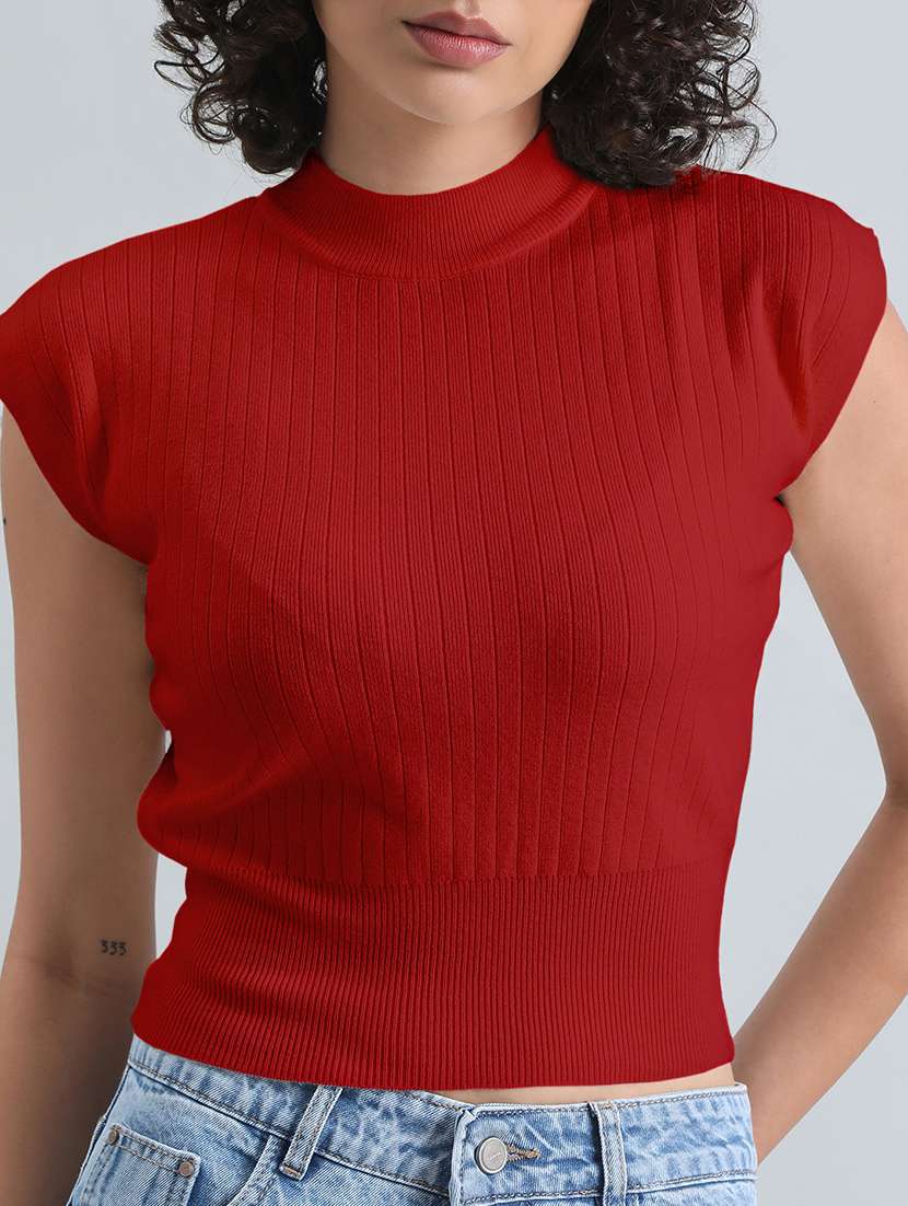 women red solid short sleeve crop top - 22086380 - Standard Image - 4