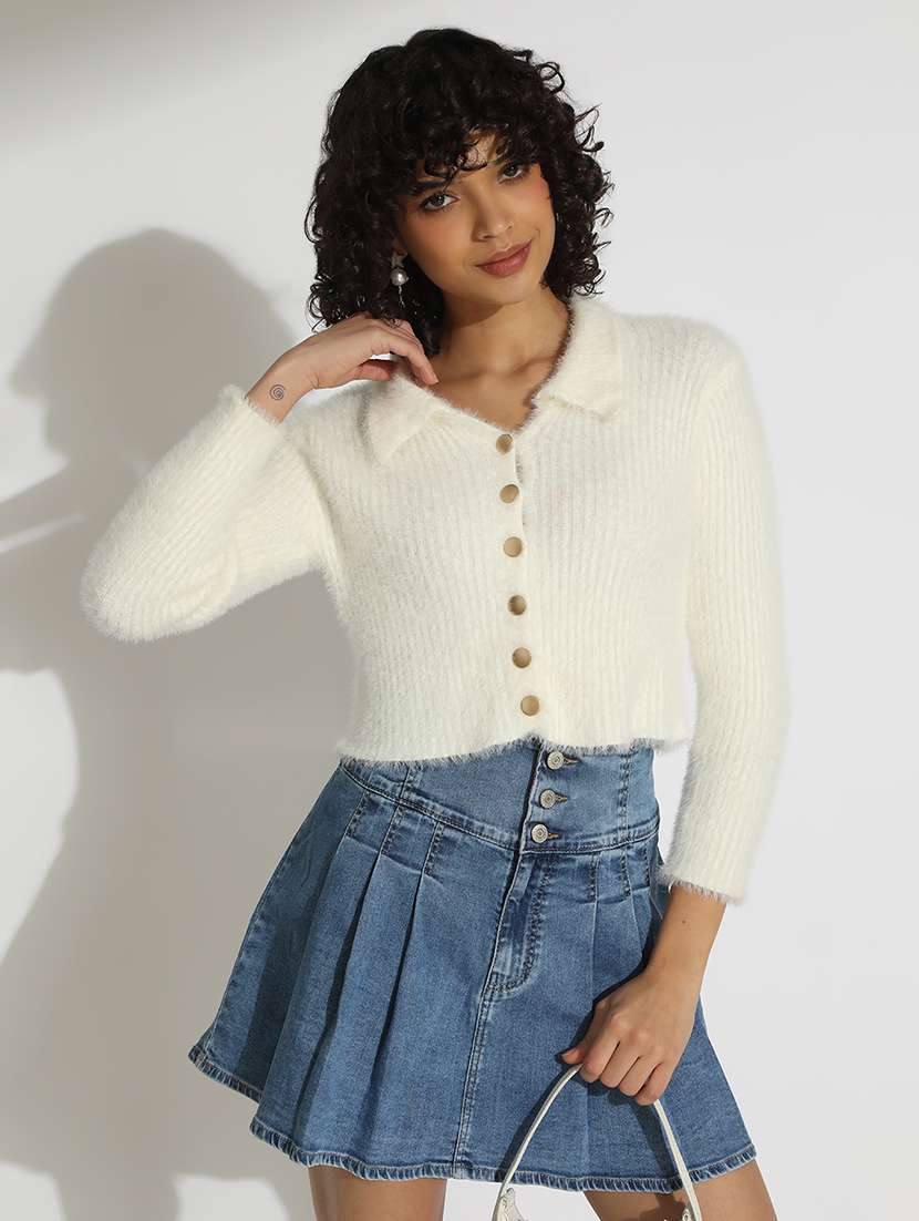 women solid long sleeve cropped  cardigan