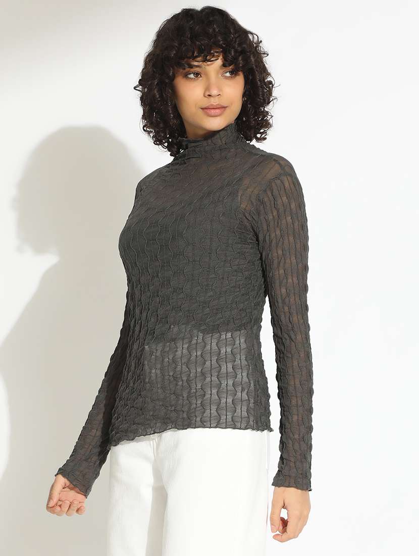 women grey self designed high neck long sleeve top - 22086385 -  Standard Image - 1