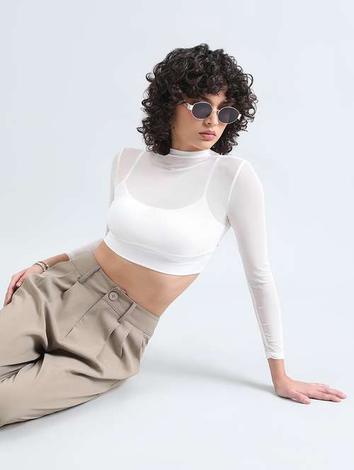 women white solid mock neck long sleeve crop top - 22086387 -  Standard Image - 0