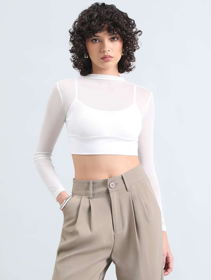 women white solid mock neck long sleeve crop top - 22086387 -  Standard Image - 1