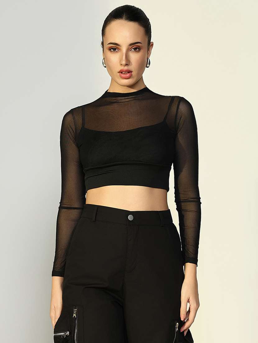 women black solid mock neck long sleeve crop top - 22086388 -  Standard Image - 1