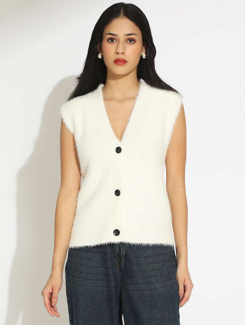 women white solid sleeveless cardigan - 22086389 -  Standard Image - 1