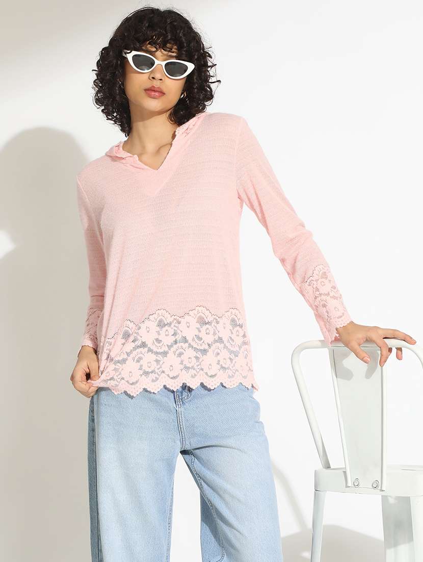 women pink solid long sleeve hooded top