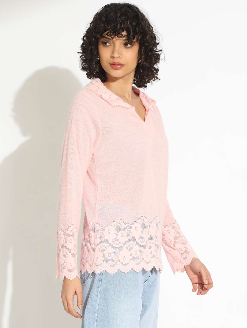 women pink solid long sleeve hooded top - 22086390 - Standard Image - 1