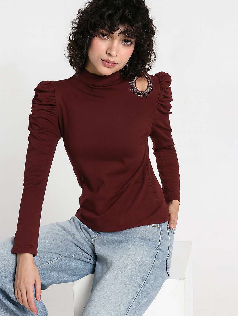 women solid mock neck puff sleeve regular top