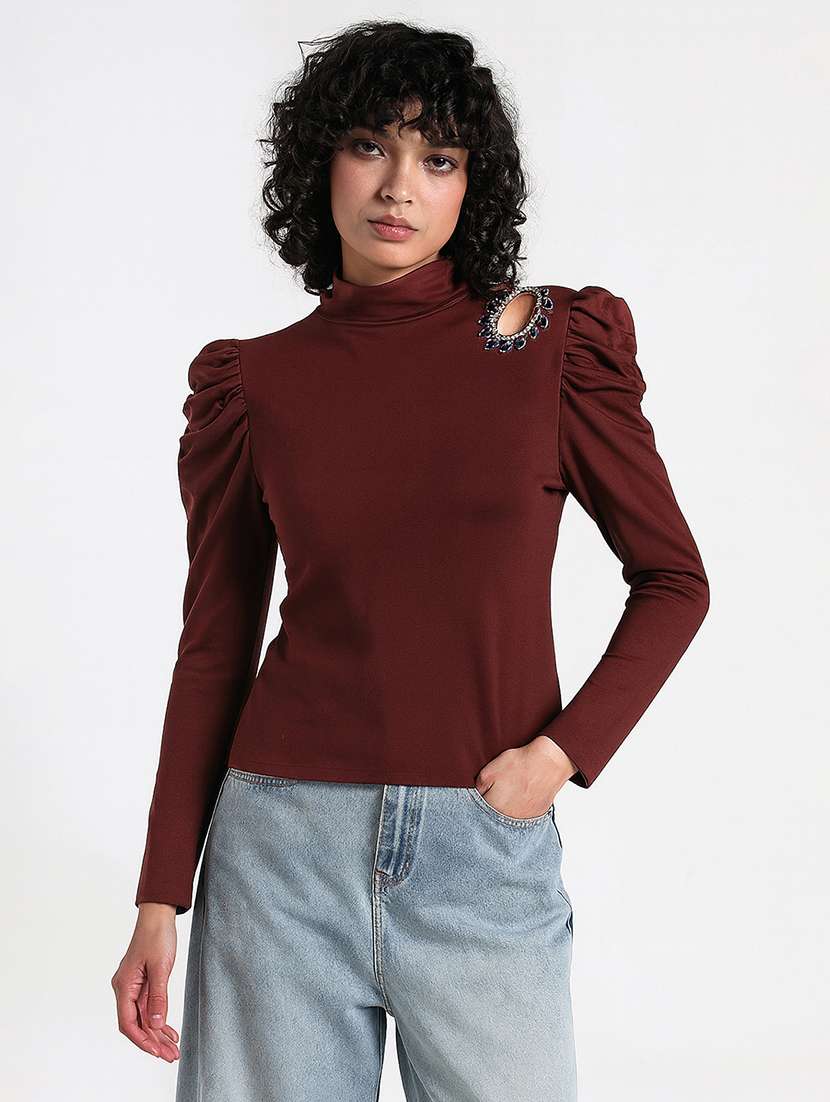 women solid mock neck puff sleeve regular top - 22086393 -  Standard Image - 1