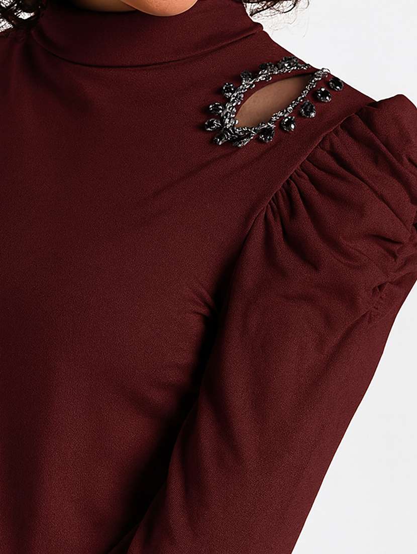 women solid mock neck puff sleeve regular top - 22086393 -  Standard Image - 4