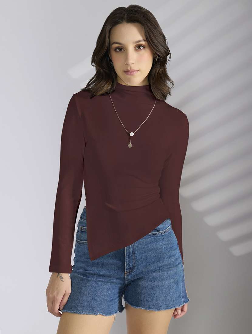 women solid mock neck long sleeve asymmetric top - 22086394 -  Standard Image - 1