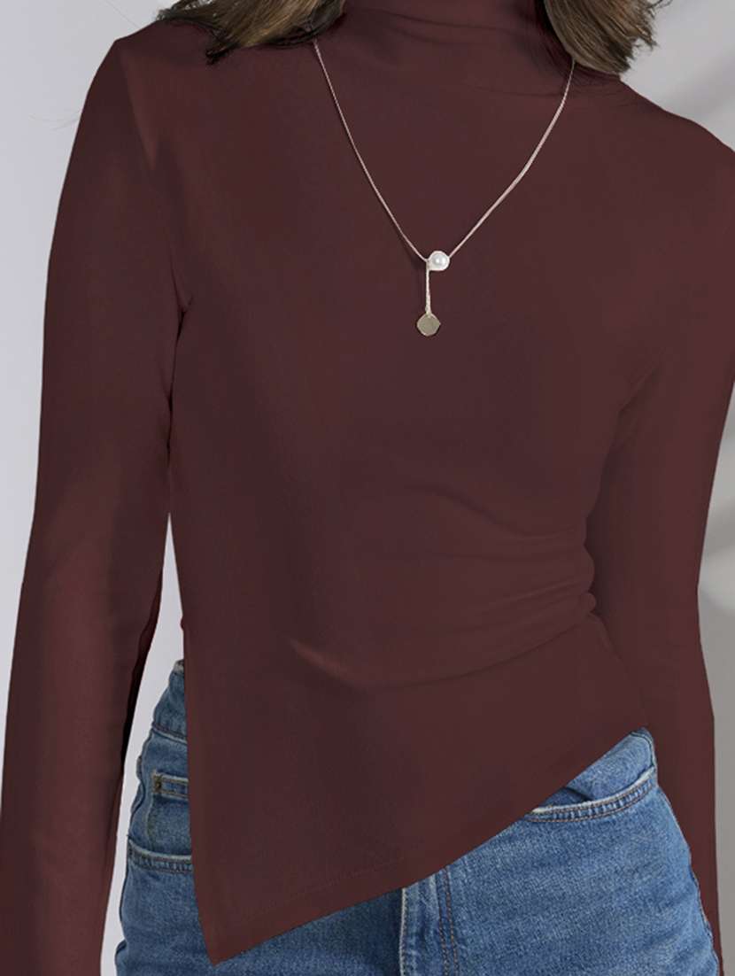 women solid mock neck long sleeve asymmetric top - 22086394 -  Standard Image - 4