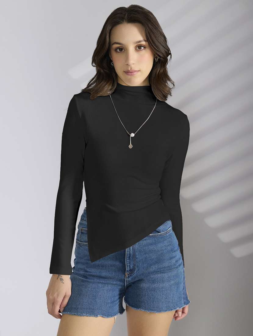 women solid mock neck long sleeve asymmetric top - 22086395 -  Standard Image - 1