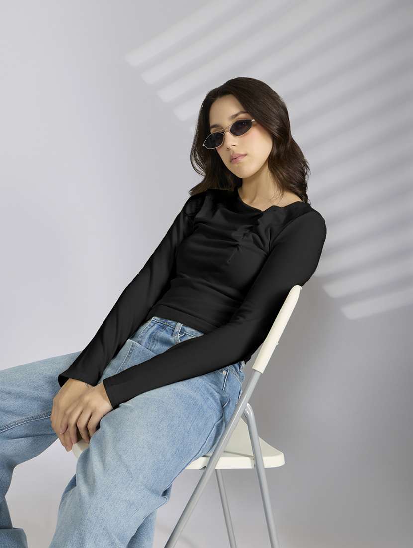women solid asymmetric neck long sleeve top