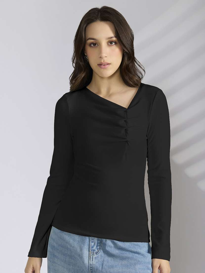 women solid asymmetric neck long sleeve top - 22086396 - Standard Image - 1