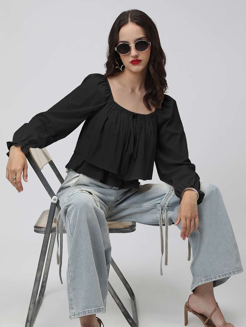 women black solid off shoulder long sleeve crop top - 22086397 - Standard Image - 4