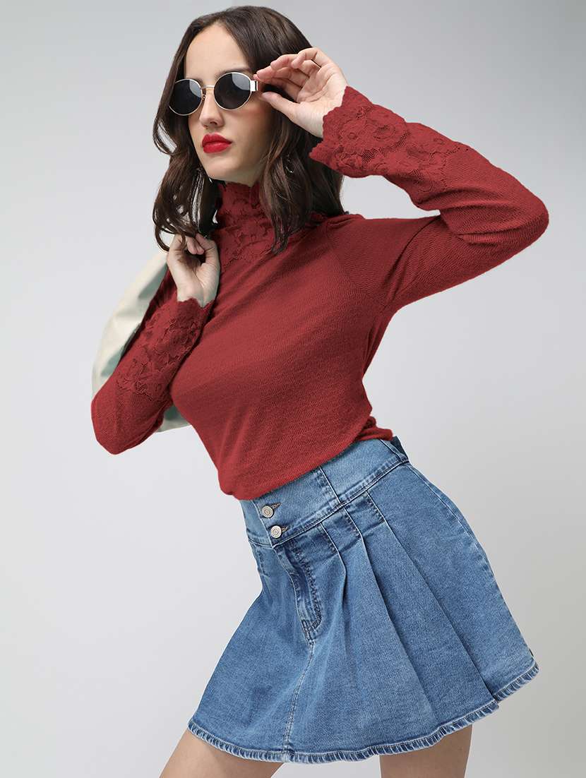 women solid high neck long sleeve top - 22086399 -  Standard Image - 1