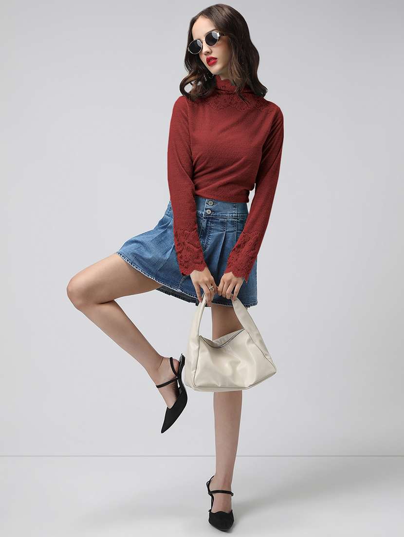 women solid high neck long sleeve top - 22086399 -  Standard Image - 4