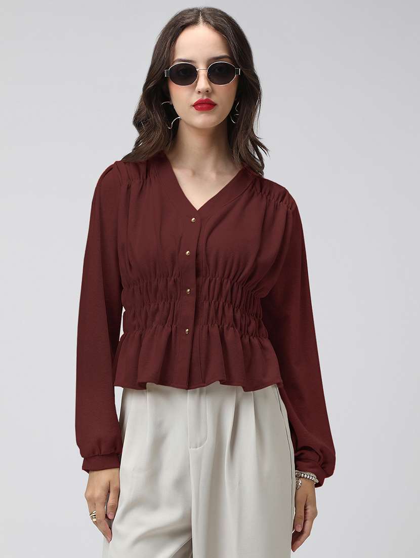women maroon solid puff sleeve top - 22086401 -  Standard Image - 1