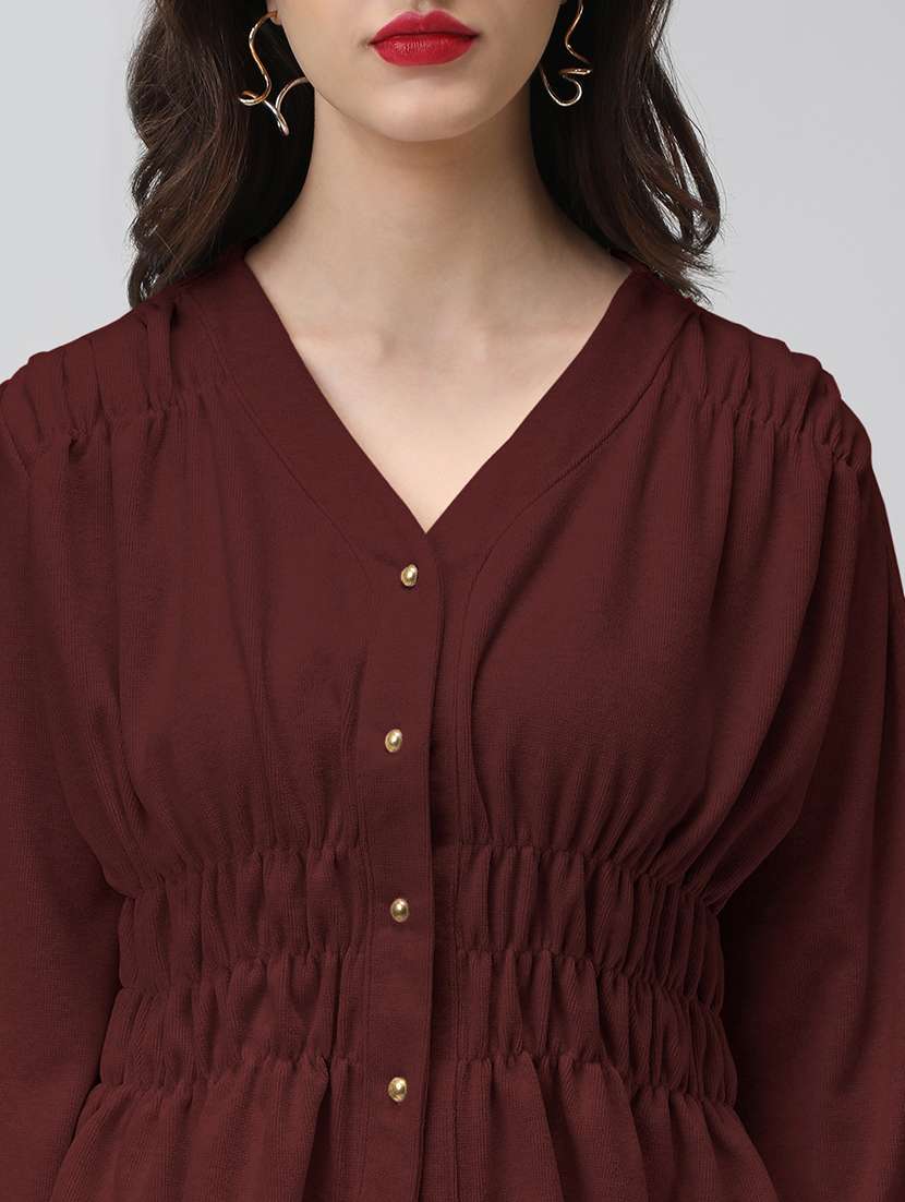 women maroon solid puff sleeve top - 22086401 -  Standard Image - 4
