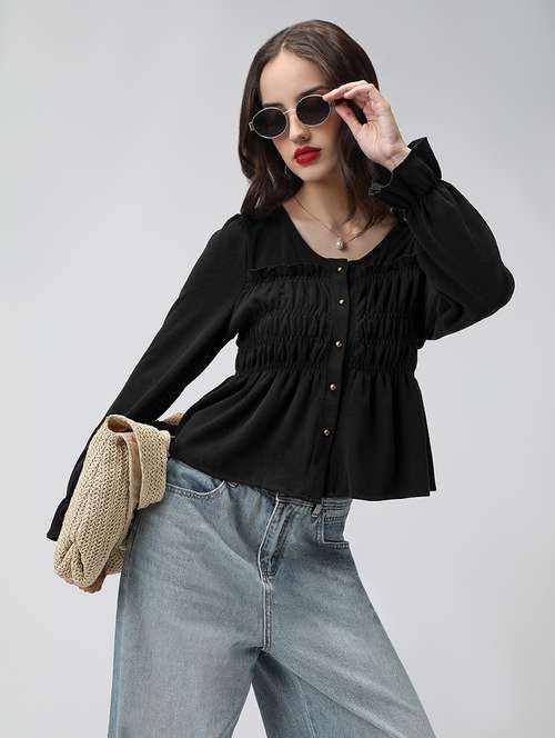 women black solid bell sleeve peplum top - 22086403 - Standard Image - 0