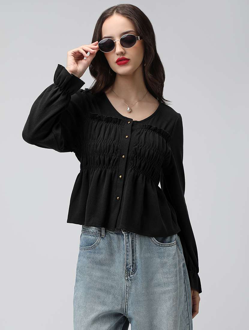 women black solid bell sleeve peplum top - 22086403 - Standard Image - 1