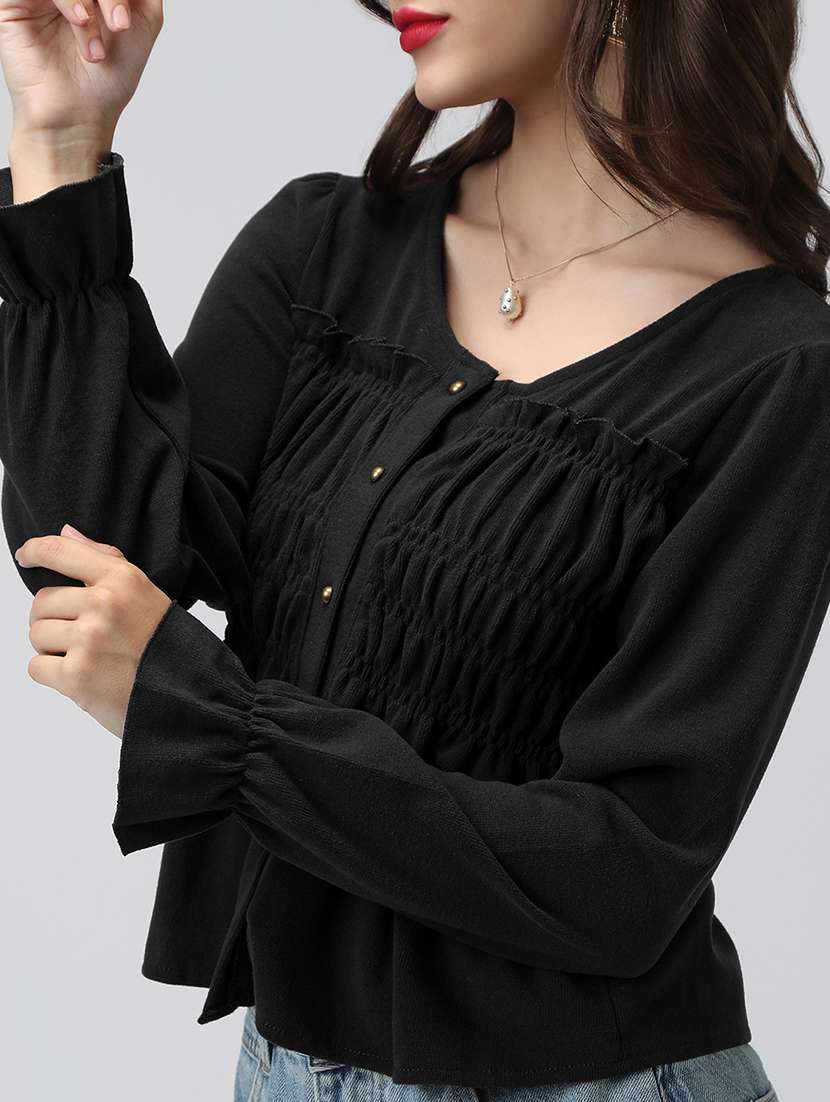 women black solid bell sleeve peplum top - 22086403 - Standard Image - 4
