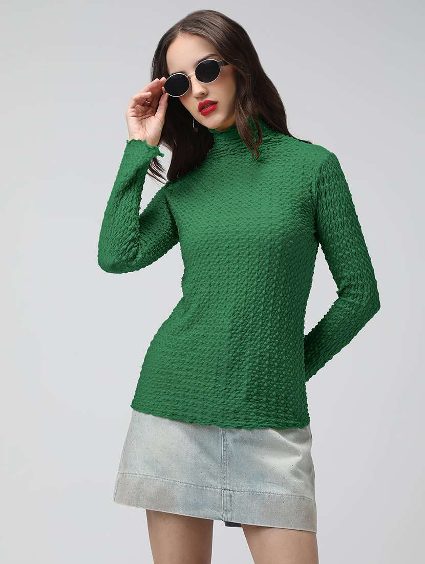 women green self designed mock neck long sleeve top