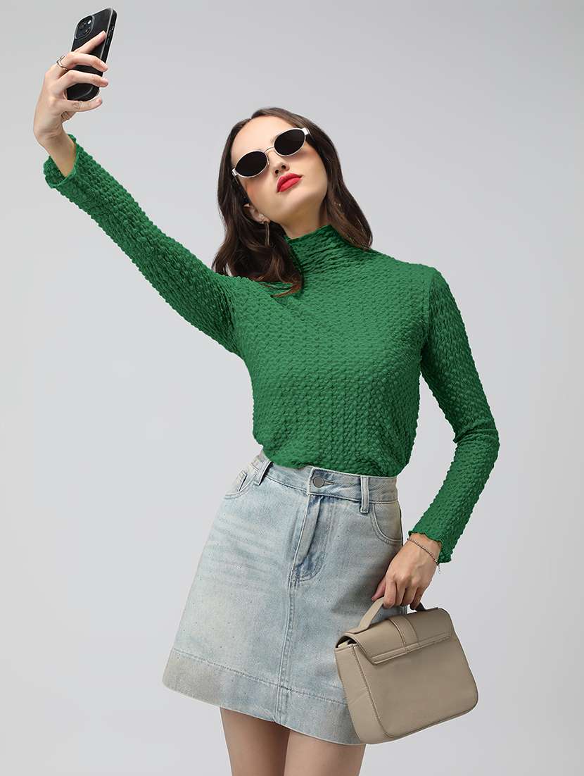 women green self designed mock neck long sleeve top - 22086405 -  Standard Image - 1