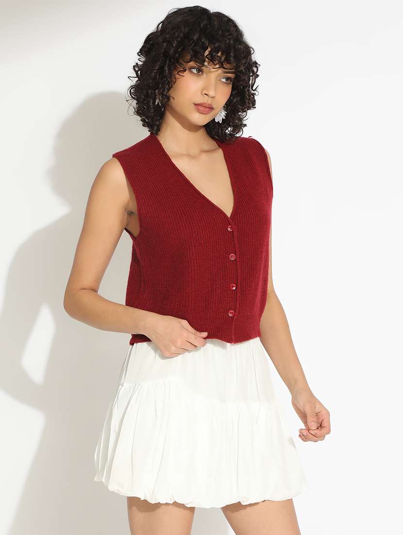 women maroon solid sleeveless cropped cardigan - 22086407 -  Standard Image - 1