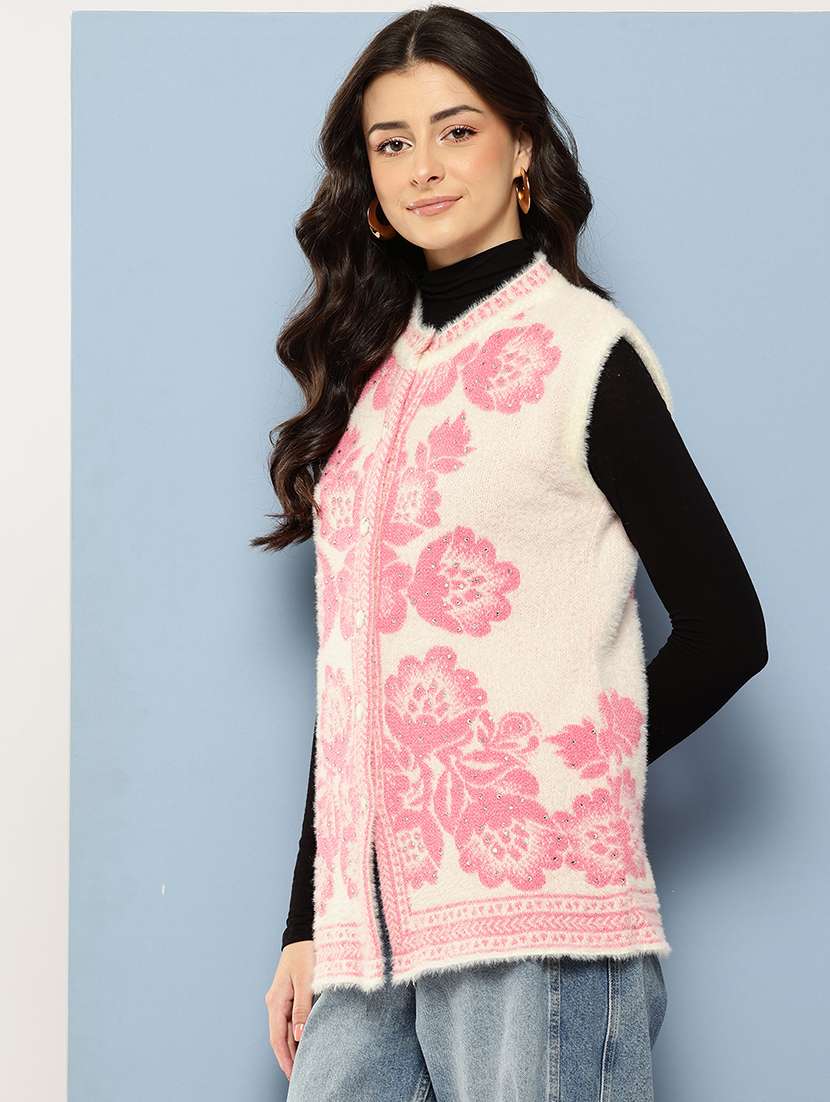 women self designed sleeveless cardigan - 22086526 -  Standard Image - 1