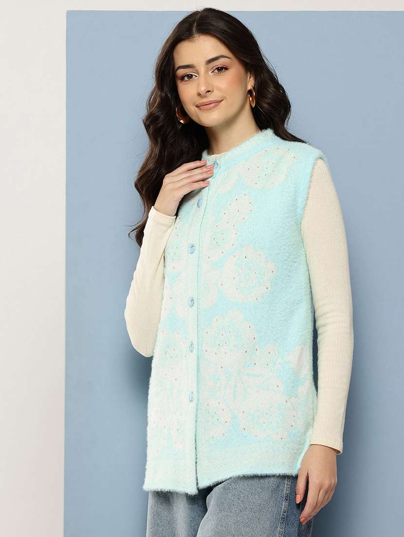 women self designed sleeveless cardigan - 22086527 -  Standard Image - 1