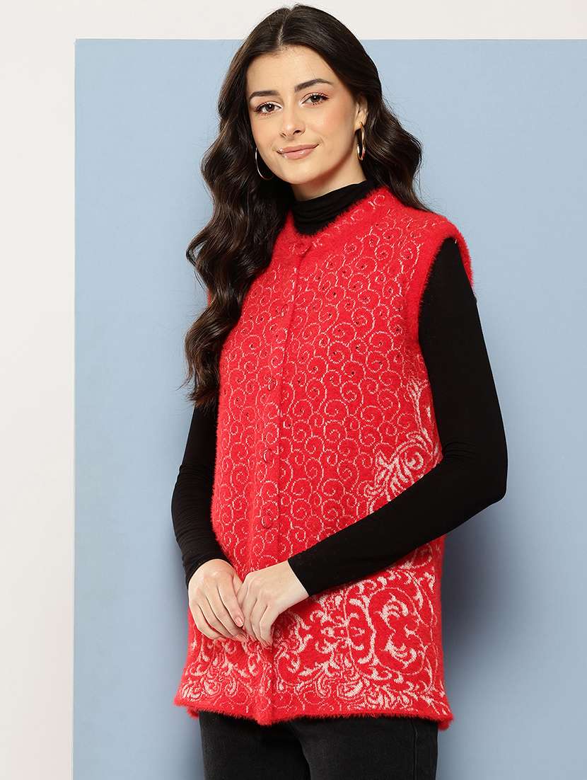 women self designed sleeveless cardigan - 22086529 -  Standard Image - 1