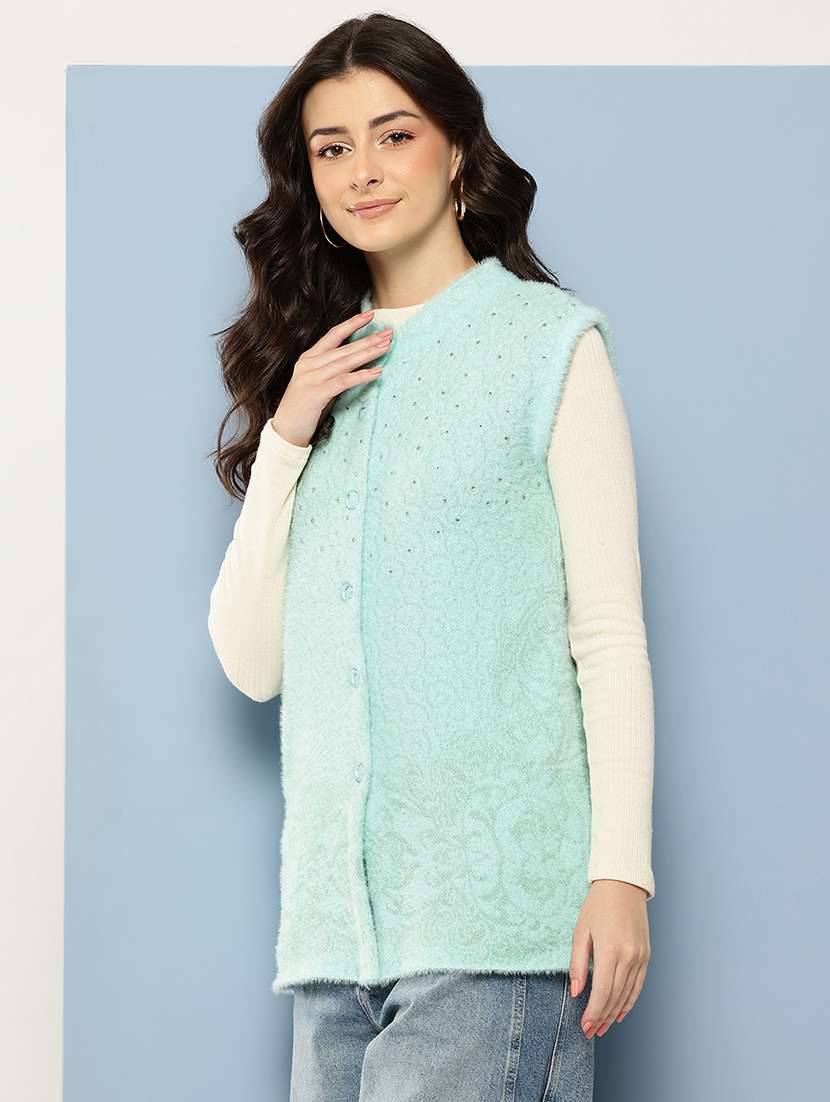 women self designed sleeveless cardigan - 22086532 -  Standard Image - 1