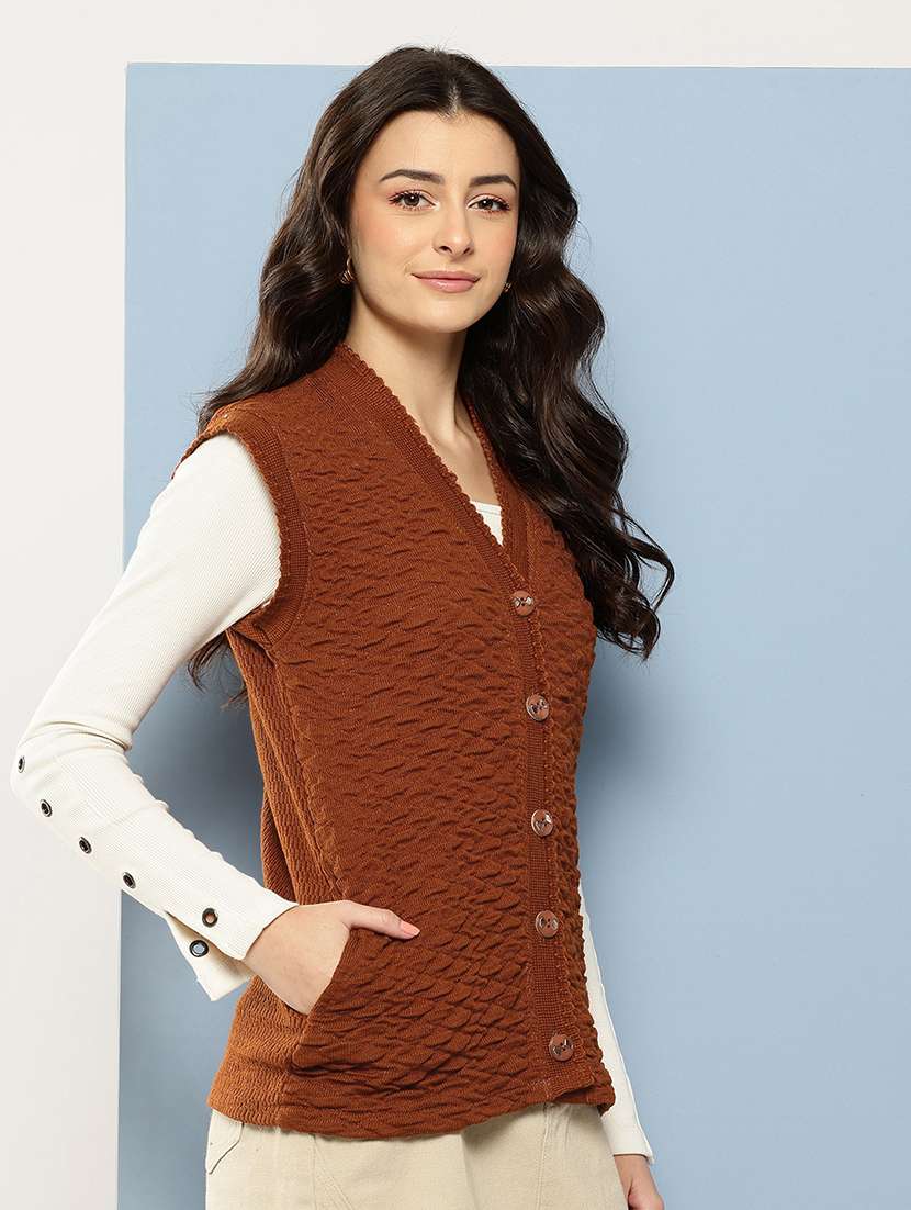 women self designed sleeveless cardigan - 22086541 -  Standard Image - 1
